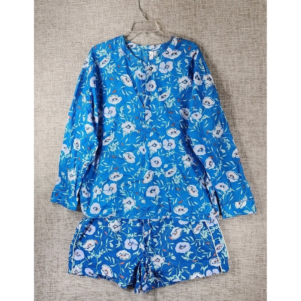 Gap Body 100% Cotton Shorts Pajama PJ Set Womens XL Blue Floral Button EUC